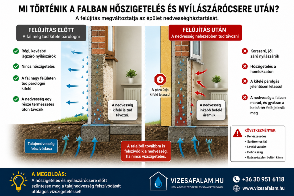 Keresztmetszeti ábra, amely bemutatja, hogyan változik a fal nedvességháztartása hőszigetelés és nyílászárócsere előtt és után.